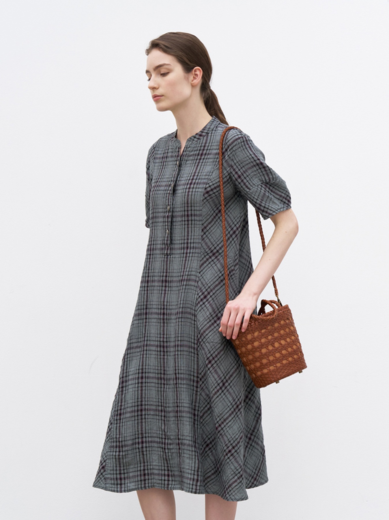 Linen check pattern dress M4B505